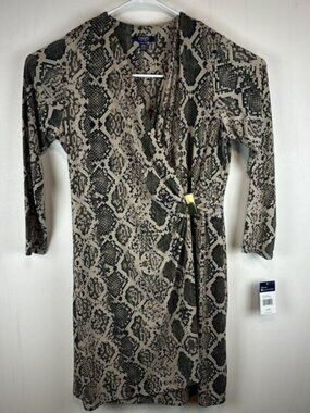 CHAPS Snakeskin Sheath Dress Women Size 16 Black Khaki Long Sleeve Faux Wrap NWT
